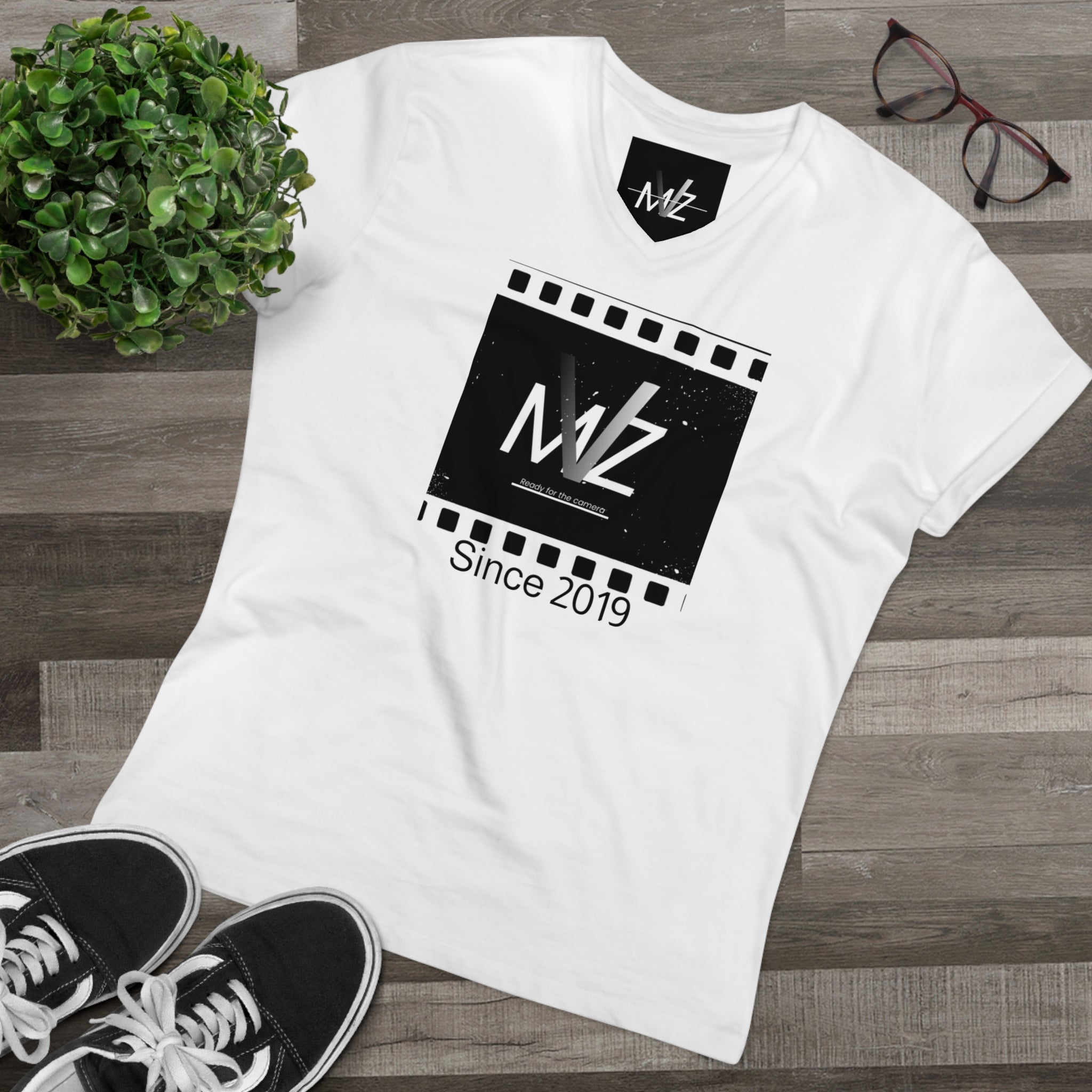 Presenter V-Neck T-Shirt — “Ready for Cameras” Film Logo Tee
